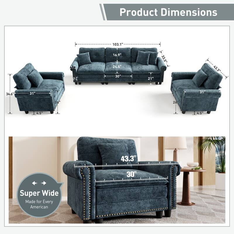 MASION ARTS 3-Piece Modular Sectional Sofa, Oversized Cloud Couch with Armchairs/Loveseats, Deep Seat Sofa (5–7 Seats)