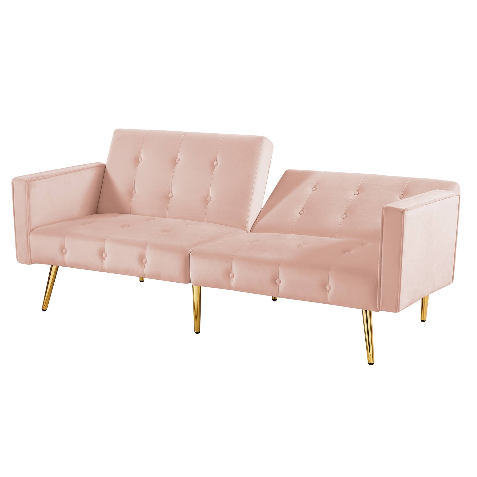 Velvet Tufted Sofa Bed with Gold Metal Legs, Armrest, and Adjustable