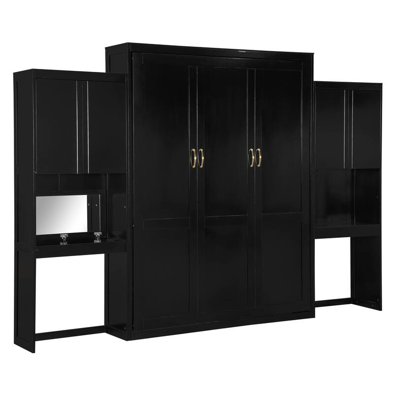 Queen Size Murphy Bed with 2 Doors Bookshelf and Vanity, Traditional Solid Wood Wall Bed, Can be Folded Platform Bed