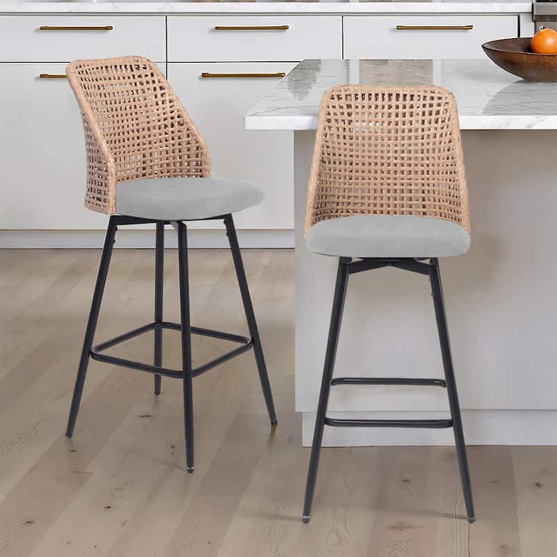 2 Set Wicker 27" Upholstered Counter Bar Stool With Back - Light Grey