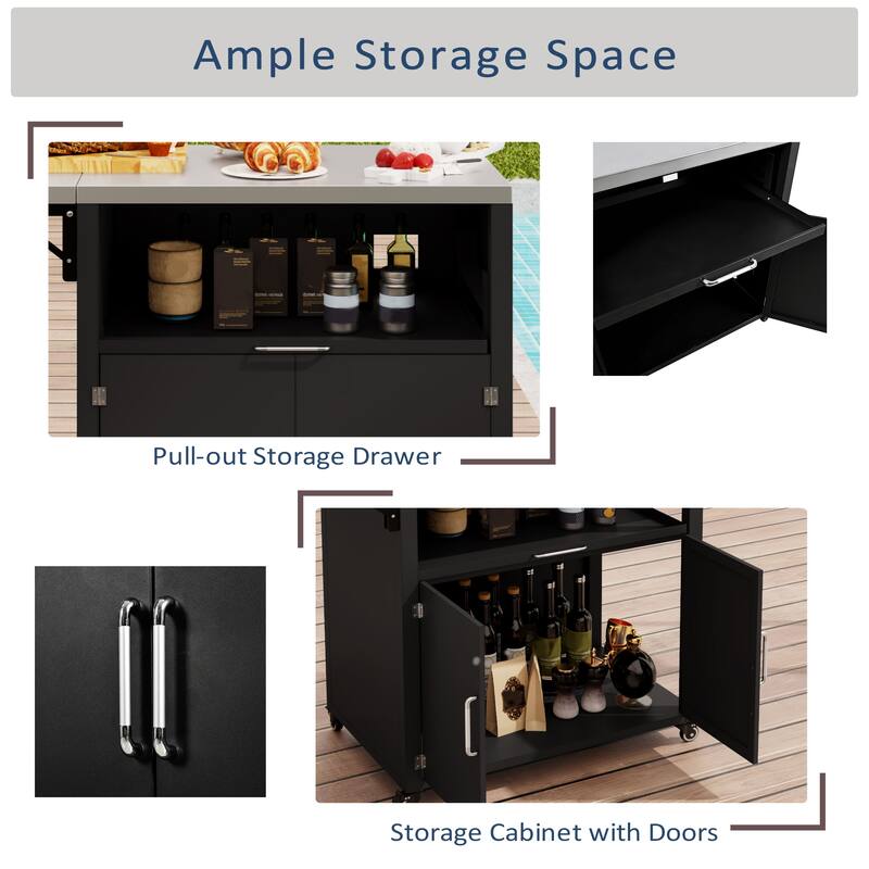 Roomfitters Versatile Outdoor Cabinet with Folding Work Surfaces Lockable Wheels & Ample Storage, Matte Black