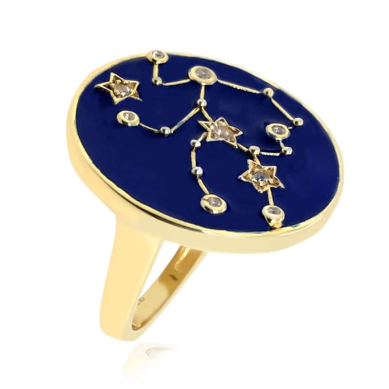 Sterling Silver Over Gold Plated White Zircon With Blue Enamel Taurus Zodiac Signs Ring