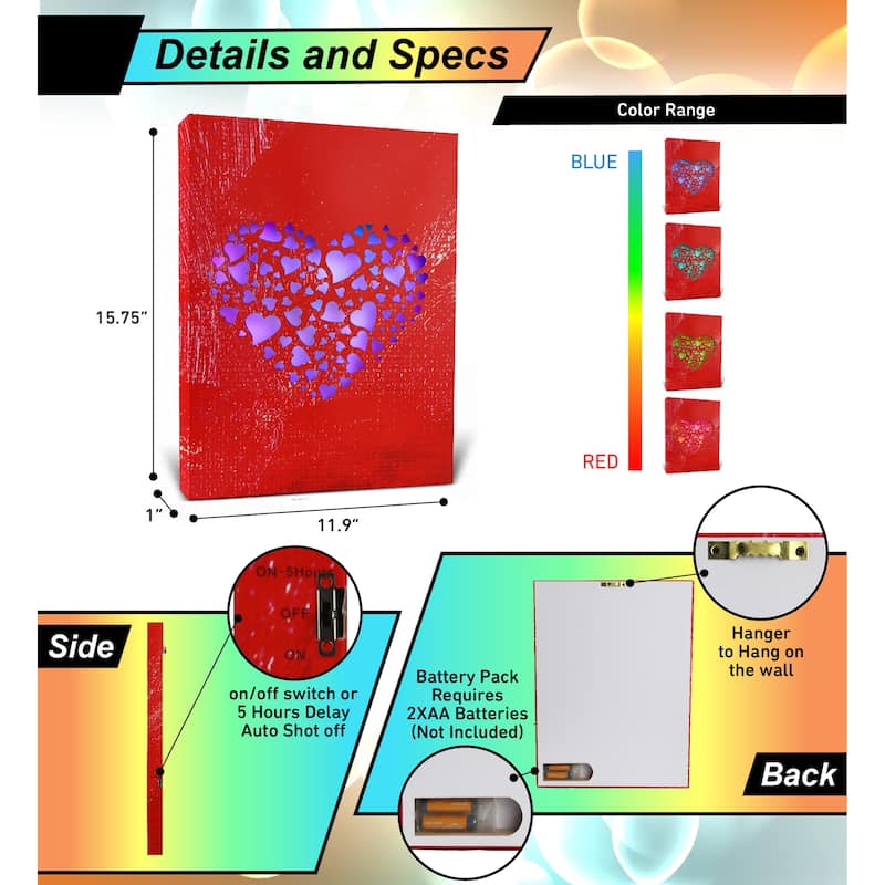 CoTa Global Hearts Light Up LED Wall Art - Changing Color LED Light - 15.75Lx11.9Wx1H inches