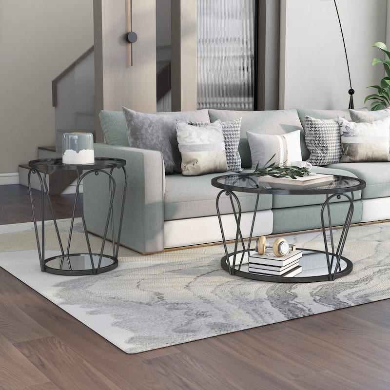 Gable Glam 2-Piece Glass Top Coffee Table Set with Shelf by Furniture of America - Grey