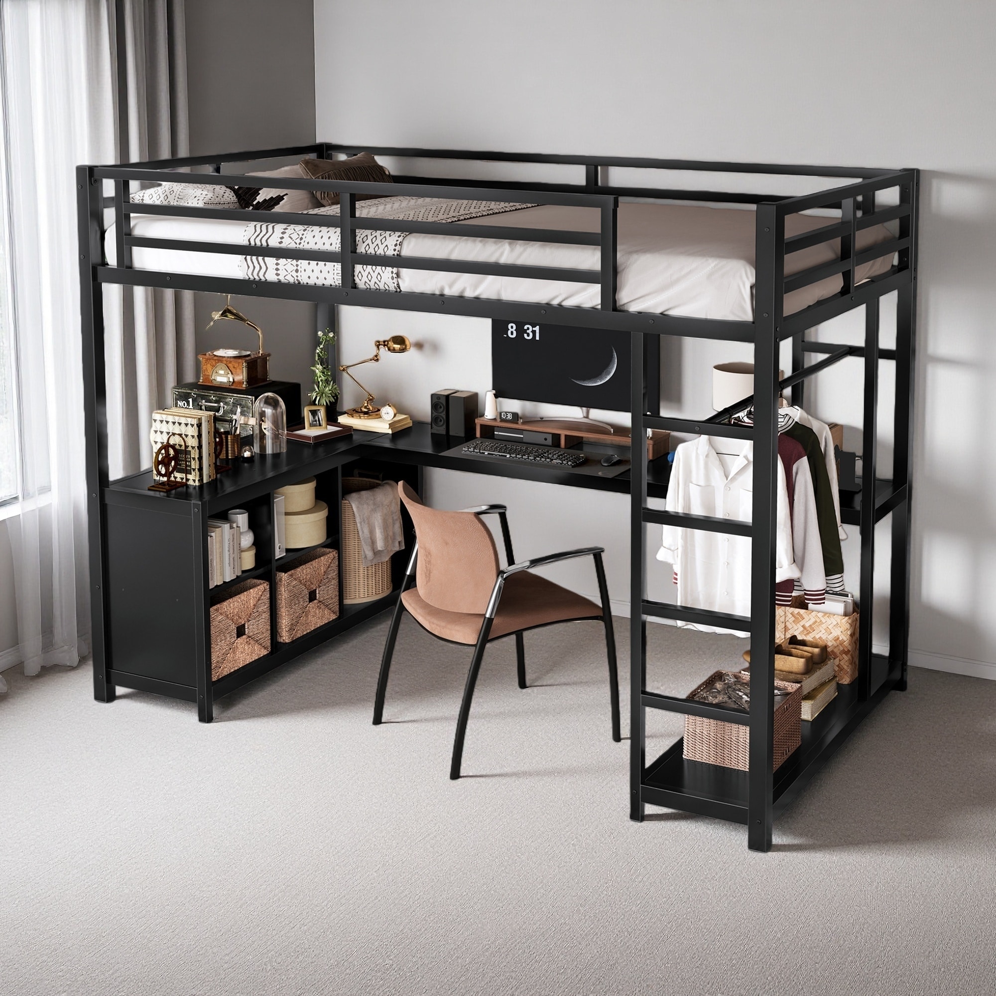 Twin XL Metal Loft Bed with L-Shaped Desk, Wardrobe, Storage Cubes & Shelves, Modern Loft Bed for Kids, Teens & Adults