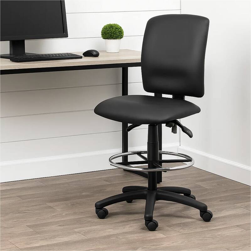 Reza Swivel Drafting Stool, Footring, Black Faux Leather, Contoured