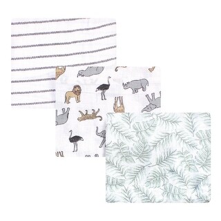 Hudson Baby Unisex Baby Cotton Muslin Swaddle Blankets, Modern Neutral Safari, One Size - Modern Neutral Safari - 3-Pack