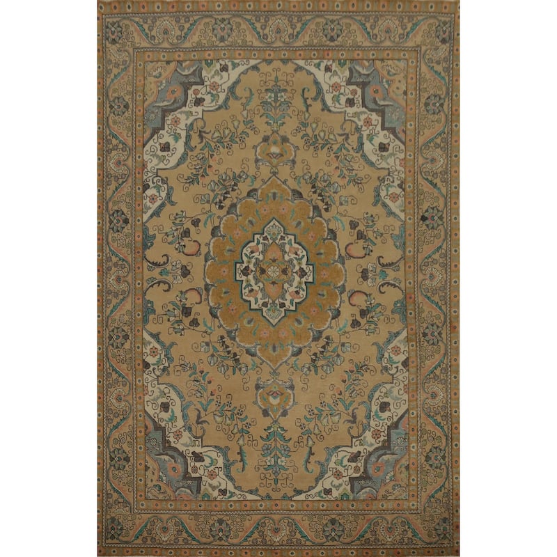 Hand Knotted Oriental 100% Wool Carpet Traditional Floral Brown Tabriz Area Rug - 12' 11'' X 9' 2''