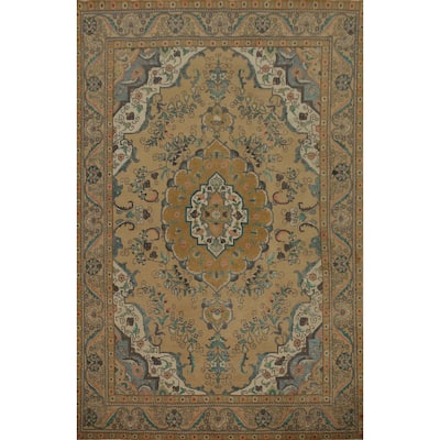 Hand Knotted Oriental 100% Wool Carpet Traditional Floral Brown Tabriz Area Rug - 12' 11'' X 9' 2''