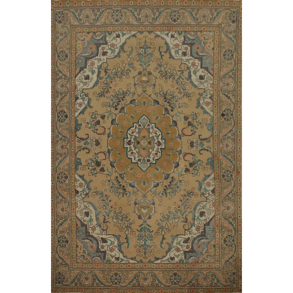 Hand Knotted Oriental 100% Wool Carpet Traditional Floral Brown Tabriz Area Rug - 12' 11'' X 9' 2''