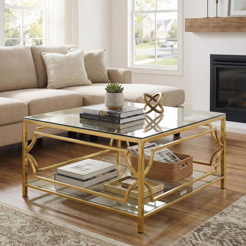 Homy Casa Square Golden Chromed Tempered Glass Coffee Table 33.5", Shelf, Electroplated Gold Geometric Living Room