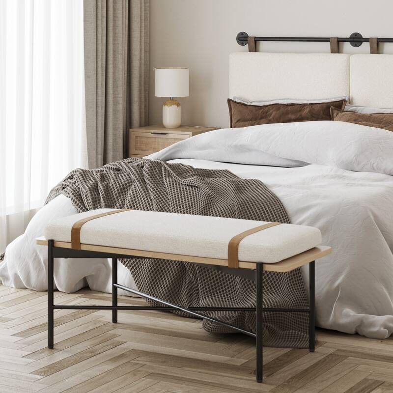 Thatcher Upholstered Entryway Bench with Removable Boucle Cushion, Vegan Leather Straps, Metal Legs