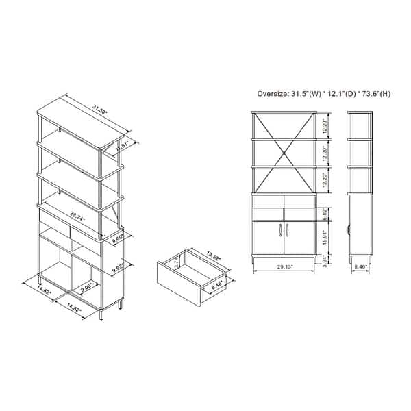 DH BASIC Farmhouse Vintage Grey Oak 5-Shelf and 2-Drawer 2-Cabinet Bookcase by Denhour