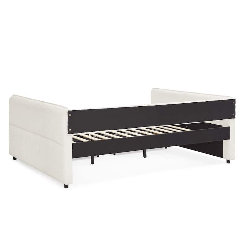 Queen Size Boucle Daybed with Trundle and 2 Storage Drawers and Tufted Upholstered Sofa Bed