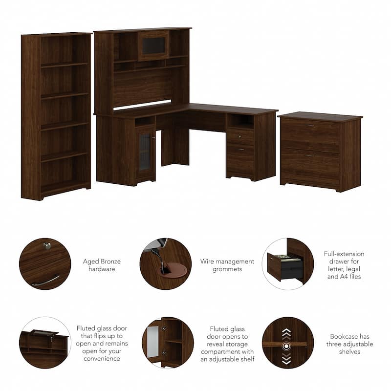 Cabot 60W L-Desk with Hutch, Cabinet and Bookcase by Bush Furniture