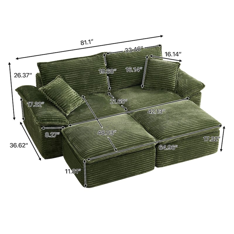 Rossetta 2-Seat Oversized Personalized Corduroy Soft Modular No Assembly Sofa with 2 Movable Ottoman