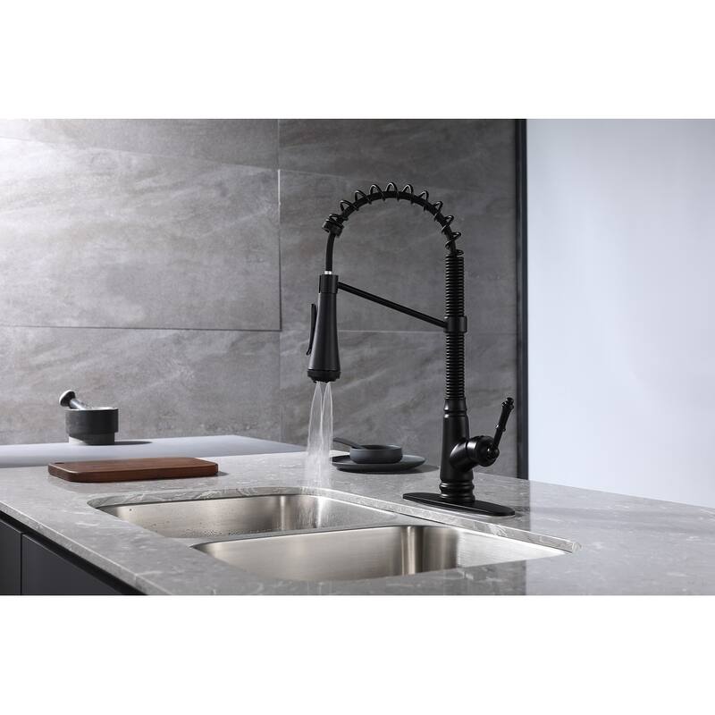 Single Handle Pull Down Kitchen Faucet with Deck Plate Matte Black
