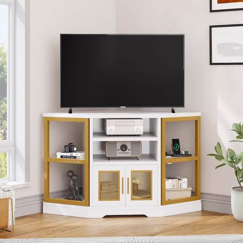 Corner TV Stand with Power Outlets For 55" TV Oak White - 47 inches in width