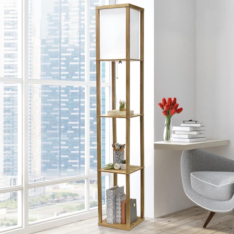 3 Tier Storage Shelf Floor Lamp with Linen Shade - 62.5" - Brown