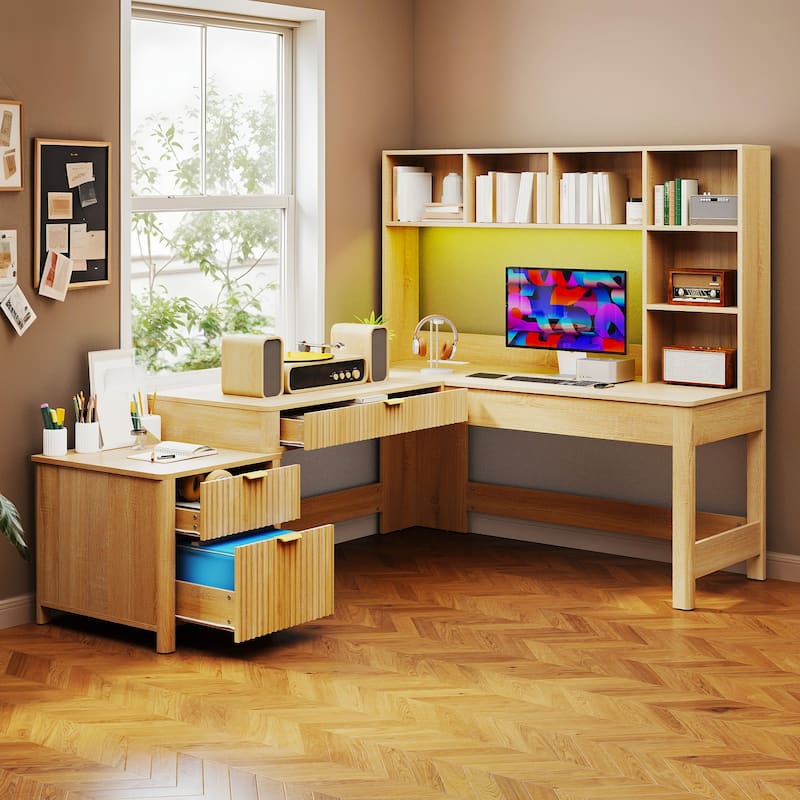 Moasis Modern L Shaped Computer Desk with Hutch and Drawers LED Office Desk w/Power Outlets - Natural - 47"W