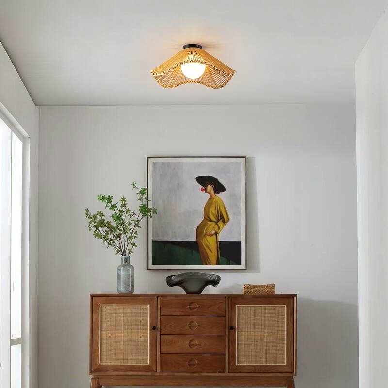 1-Light Boho Jute Rope Flush Mount Ceiling Light - Scalloped Natural Fiber Fixture for Bedroom - 1 Light