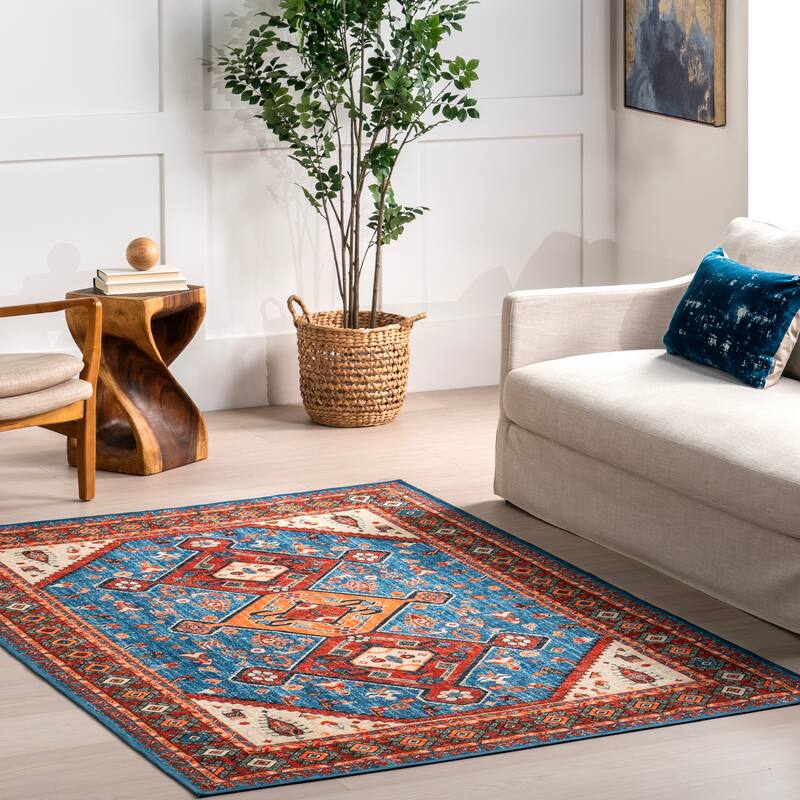 Nuloom Idell SpinClean Persian Medallion Machine Washable Area Rug - 4' x 6' - Blue