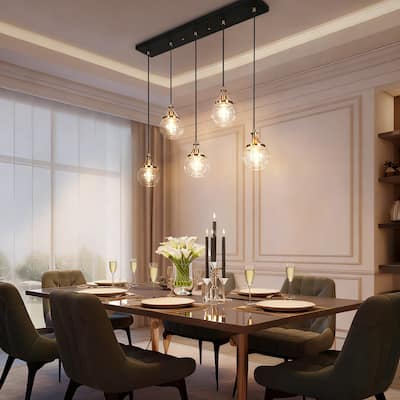 Beta Modern 5-Light Linear Glass Chandelier Black Gold Kitchen Island Pendant Light - L 31.5" x W 4.9" x H 8"
