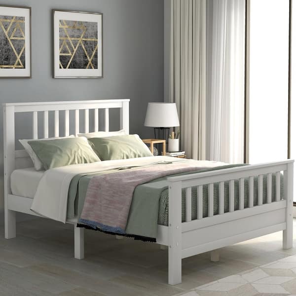 slide 2 of 8, Full Size Wood Platform Bed with Paneled Headboard and Footboard, Sturdy Solid Wood Frame with Reinforced Slats White