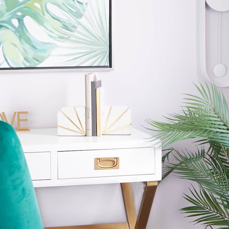 CosmoLiving by Cosmopolitan White Marble 8 lbs Geometric Decorative Bookends with Gold Inlay (Set of 2) - White/Gold