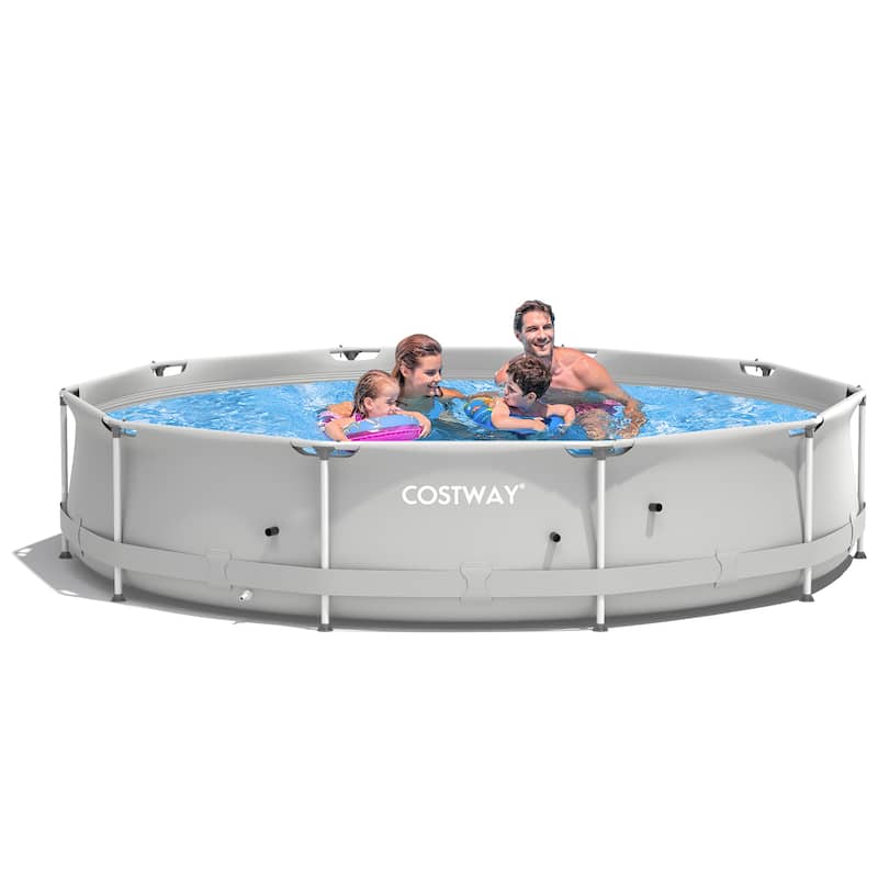 Round Above Ground Swimming Pool Patio Frame Pool W/ Pool Cover - Grey