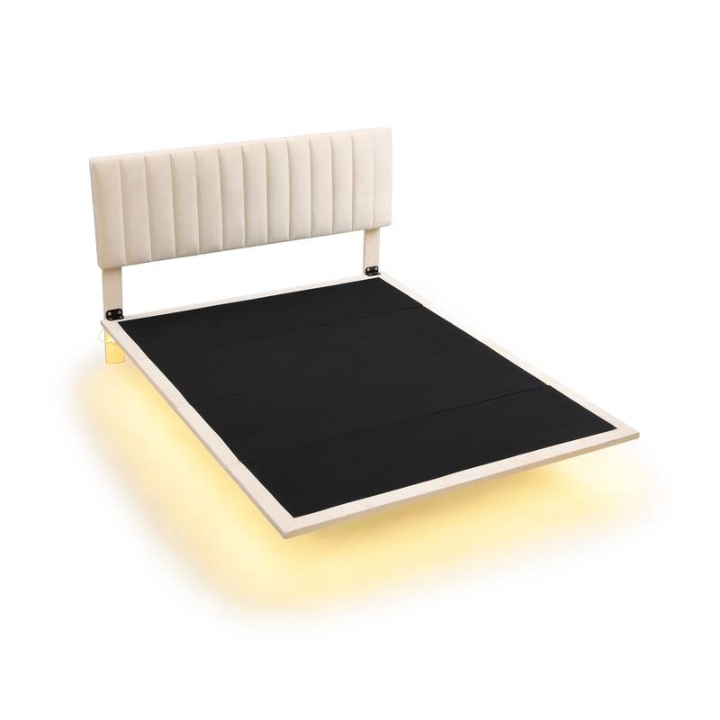 Queen Upholstered Velvet Bed with Sensor Light and Floating Frame - Modern Platform Bed with Headboard, No Box Spring Required
