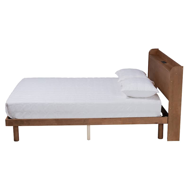 Decker Mid-Century Modern Transitional Walnut Brown Finished Wood Platform Bed with Charging Station