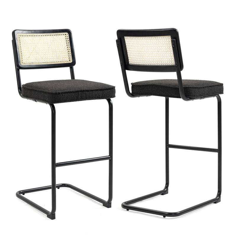 Set of 2 Ayo Black Fabric Bar Stool with Rattan Backrest and Black Steel Legs