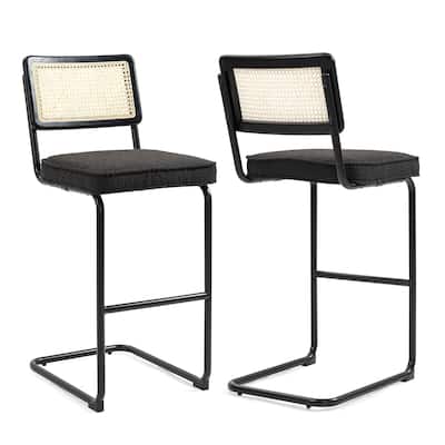 Set of 2 Ayo Black Fabric Bar Stool with Rattan Backrest and Black Steel Legs