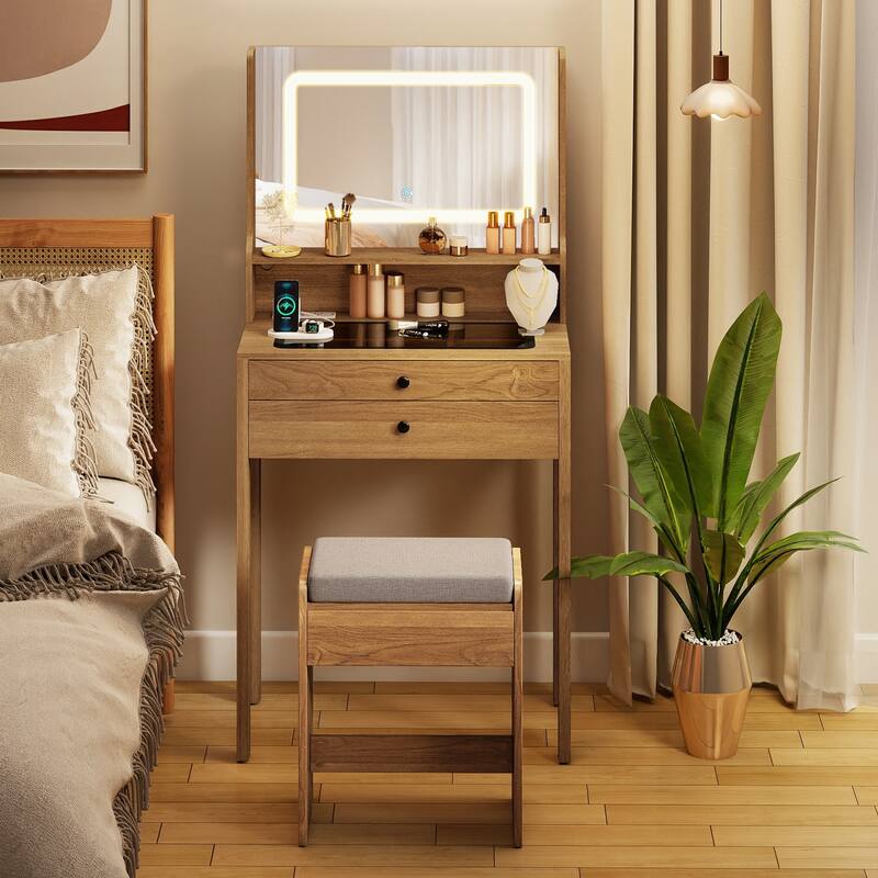 Gymax Small Vanity Desk Makeup Table & Padded Stool Set w/ Charging