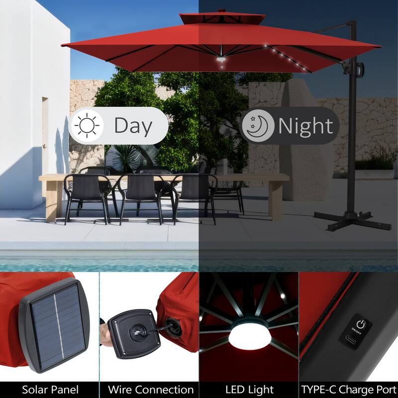 9 X 11 FT Outdoor Patio Cantilever Umbrella with Solar Lights All-Weather Wheeled Base Double Canopy 360 Rotation Tilt