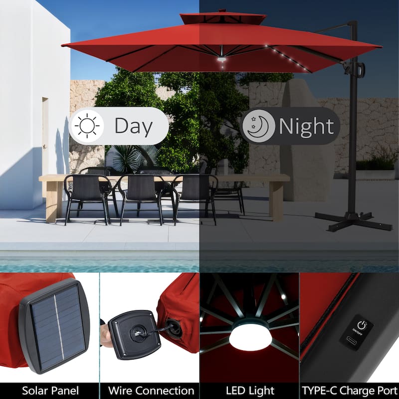 Pellebant 9x11FT Outdoor Dual Top Cantilever Patio Umbrella LED Light with HDPE Base