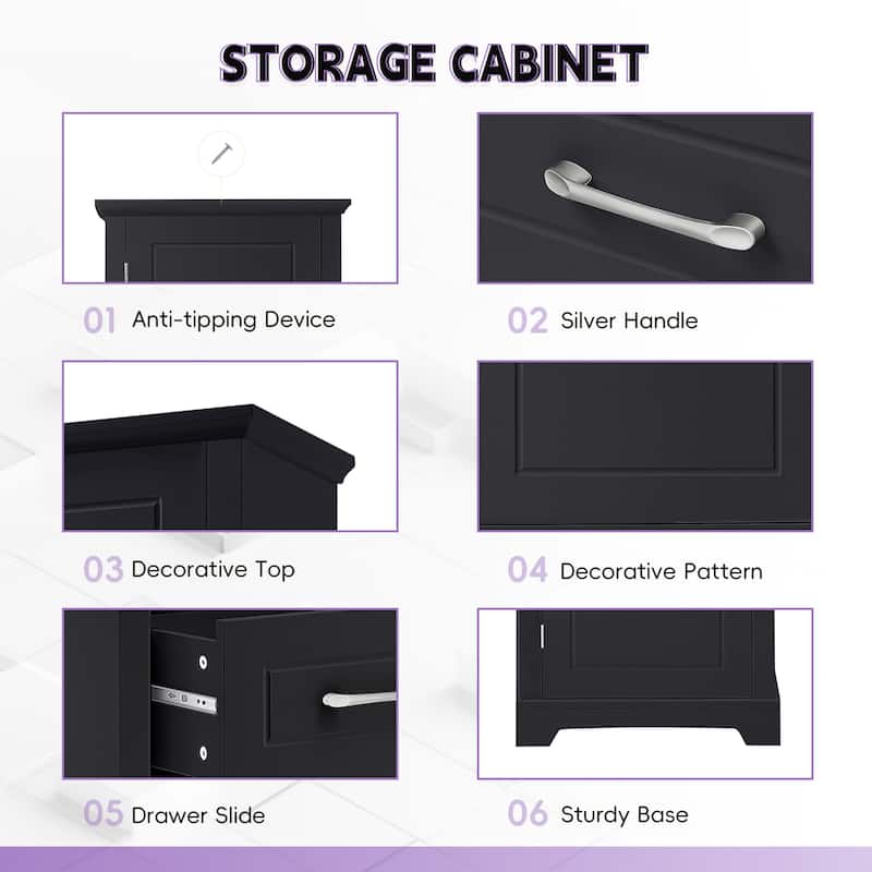 Tall Bathroom Storage Cabinet with Adjustable Shelves, Freestanding MDF Organizer with Drawer and Two Doors, Black