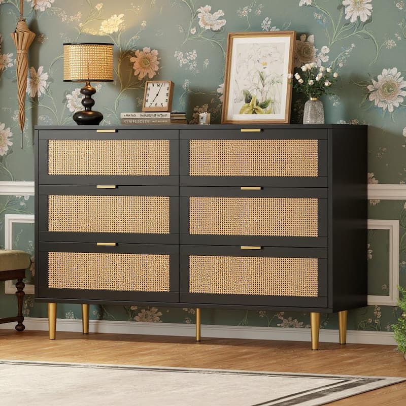6 Drawers Tall Rattan Dresser, with Metal Legs and Handles