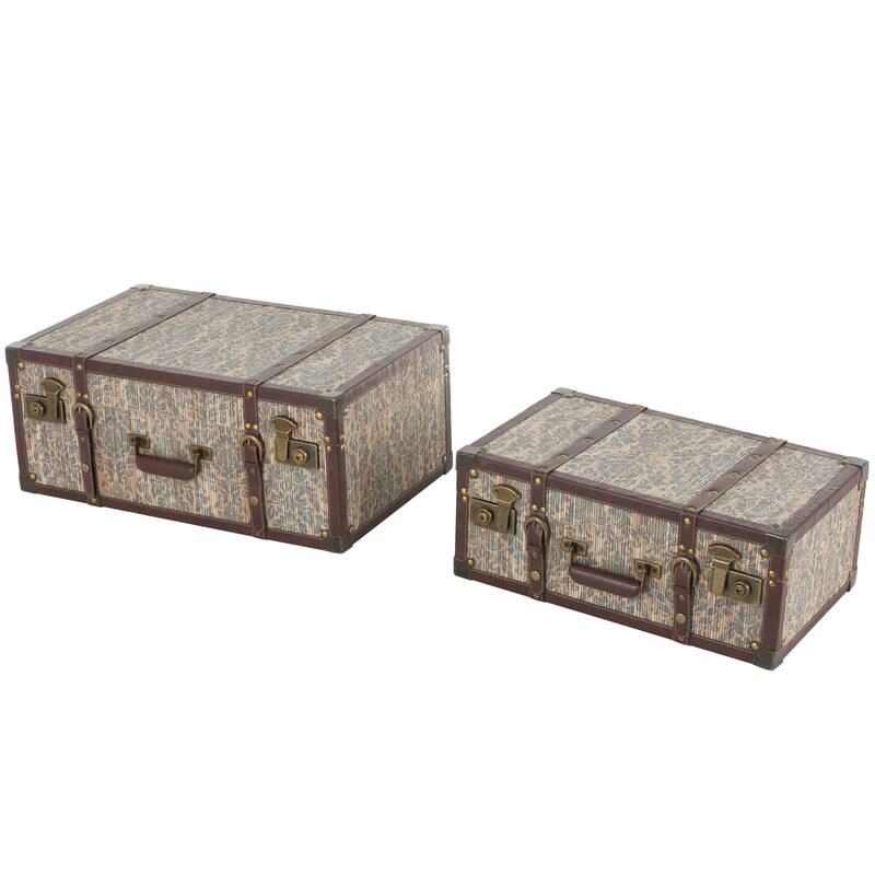 Blue Wooden Vintage Storage Floral Decorative Trunk with Brown Leather Accents and Gold Studs (Set of 2)