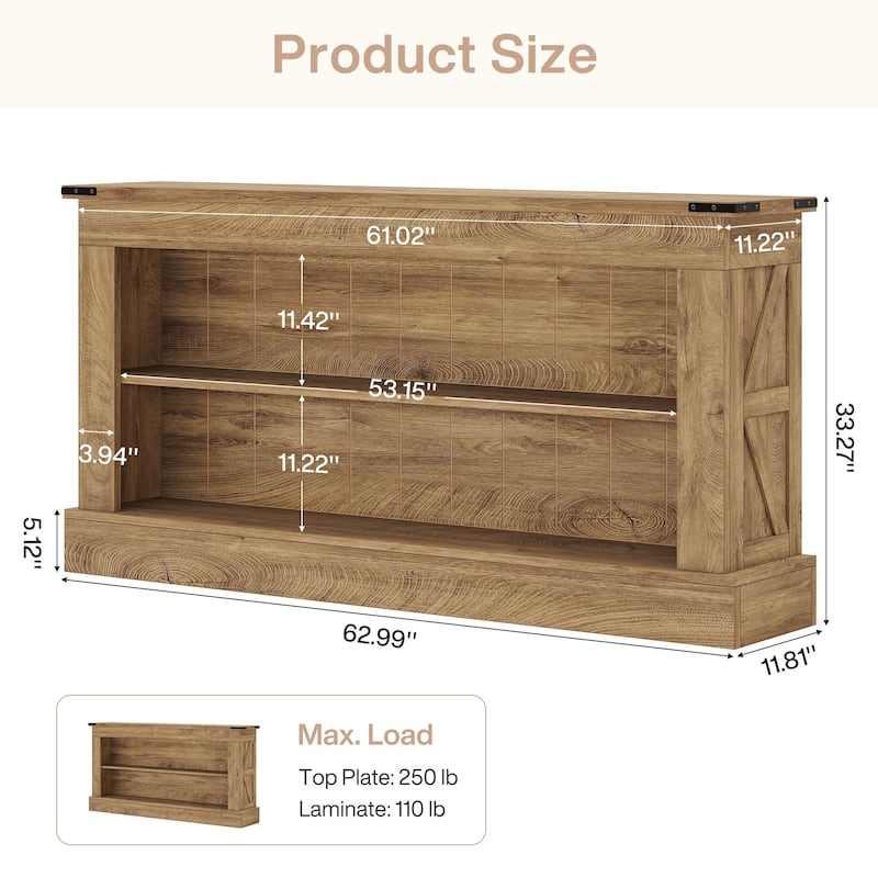 63 Inch Long Console Table with 3 Tiers Storage Shelves for Entryway - 11.81"D x 63"W x 33.3"H