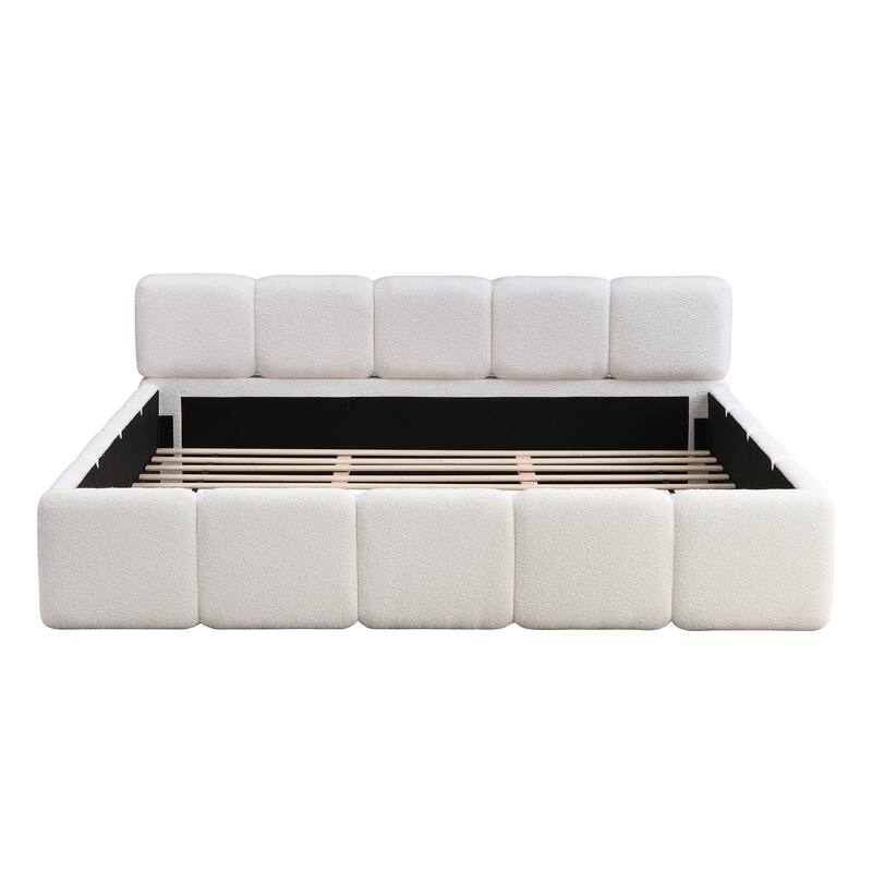 Upholstered King Size Platform Bed with Boucle Headboard, White - Modern & Elegant Design