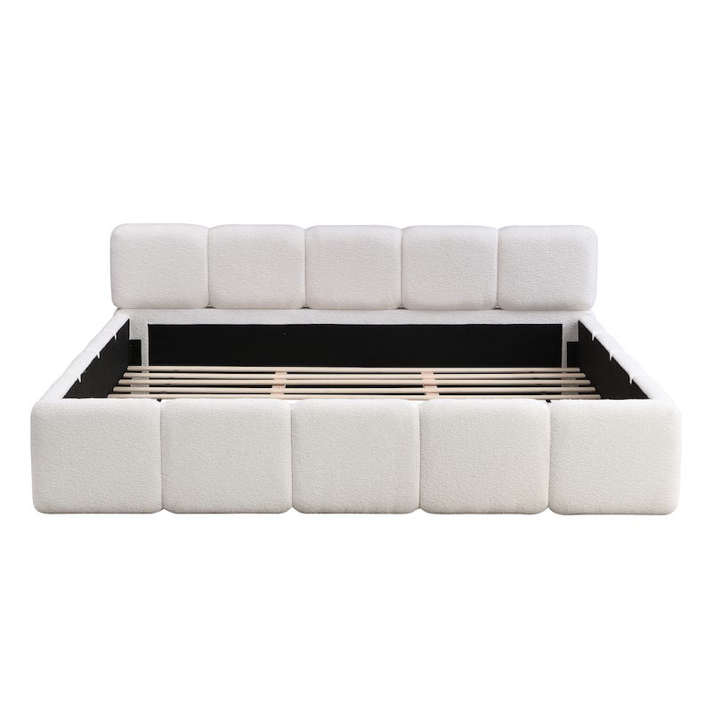 White Block Upholstered Frame Grounded Bed with Boucle Thick Headboard Footboard Platform Bed, Lowprofile Wingback Bed Floor Bed