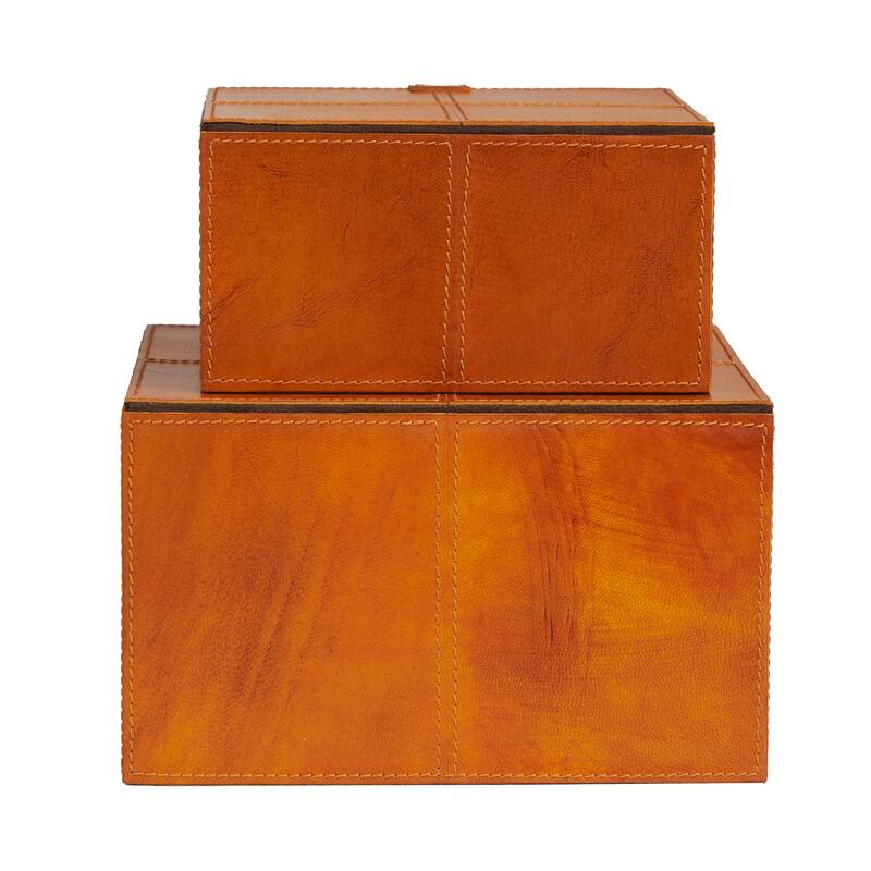 Brown Leather Storage Box with Snap Front Closure and Detailed Stitching (Set of 2)