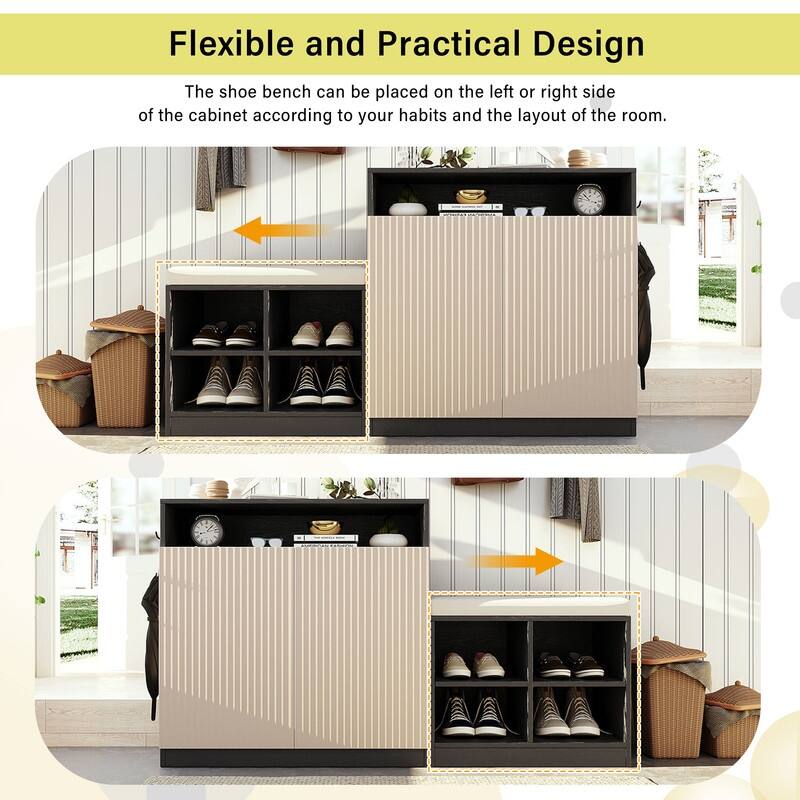 Entryway Bench Cabinet With Cushion, 2 Doors and 3-Tier Adjustable Shelves for Entryway Organization