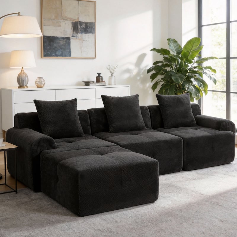Modular Sectional Sofa, L-Shape 3 Seat Couch Memory Foam Sectional Couches for Living Room - Black