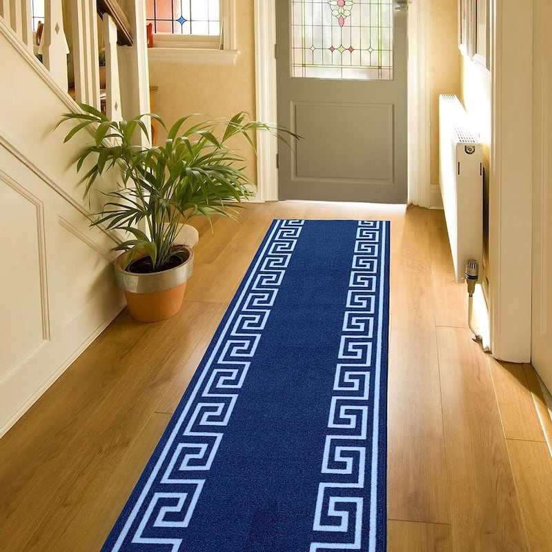 Custom Size Greek Key Black 26 Inch Wide Non-Slip Stair Runner Rug - 32 Feet - Blue&White