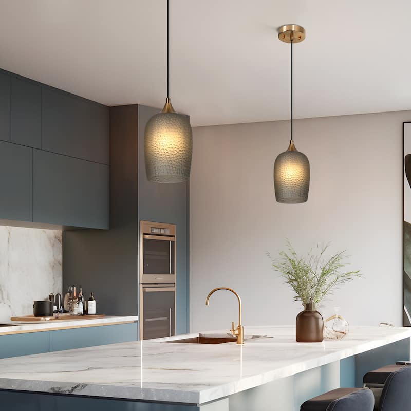 Modern Farmhouse 1-Light Textured Gray Glass Pendant Light for Kitchen Island - D6" x H70.3" Max