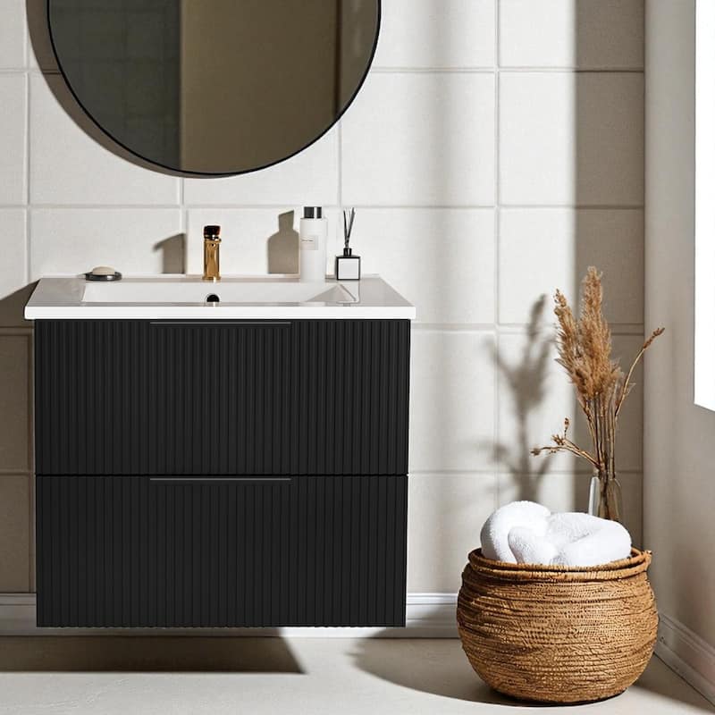 24 Inch Floating Bathroom Vanity with Ceramic Sink, Wall Mounted Modern Fluted Cabinet with 2 Drawers