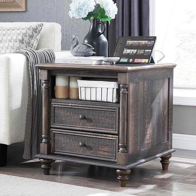 Farmhouse End Table, Sofa Side Table with Charging Station, Nightstand - Dark Rustic Oak